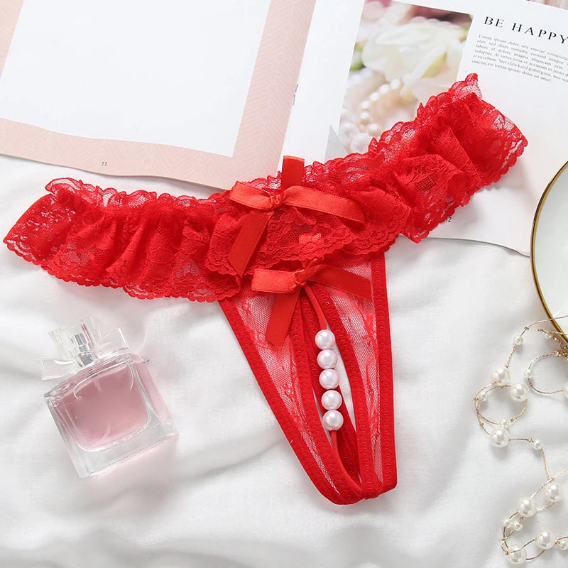 Thong Women Open Crotch Pearl Embellished Sexy Lace Underwear Fashion Lingerie Set Valentine Gift for Her