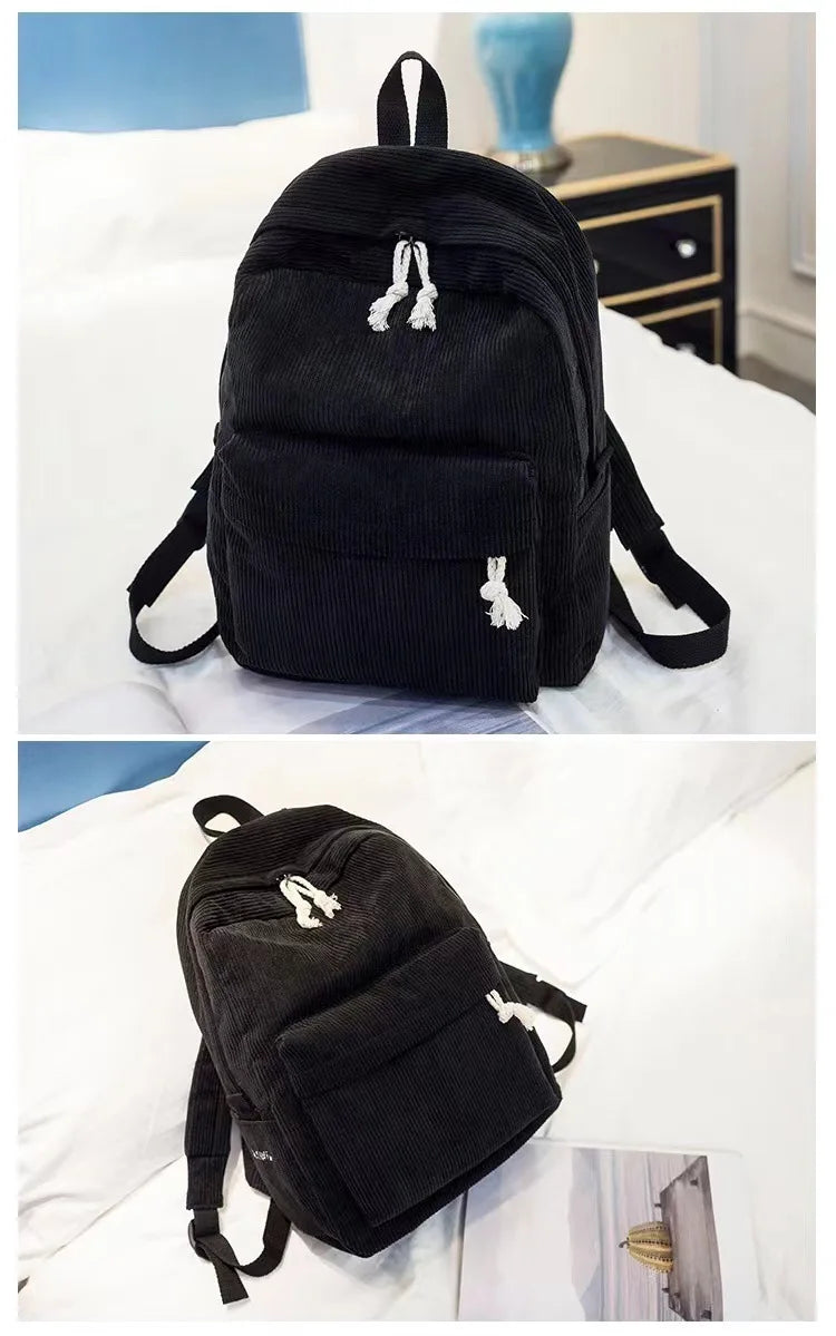 Corduroy Backpack, Academy Fashion School Bags for Middle/High School & College, Cute Tassel Detail, Versatile Casual Daily Bag