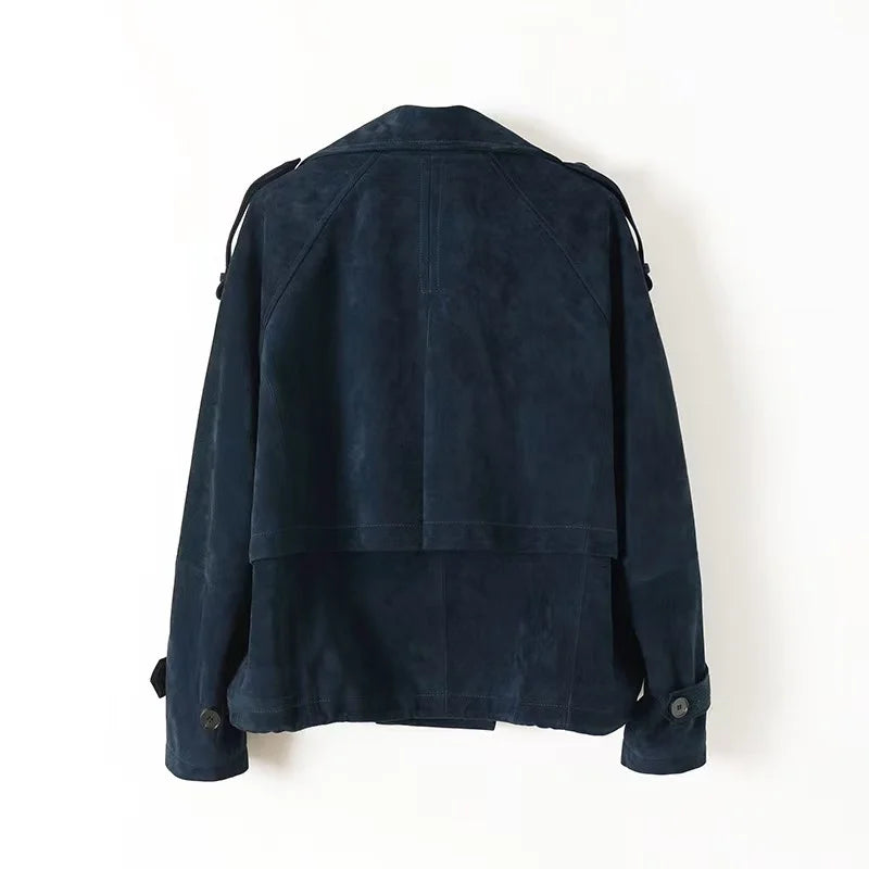 Kid Suede Leather Jacket for Women Branded New 2025 Old Money Double Breasted Short  Jacket Femme Big Lapel Epaulet Trench Coat