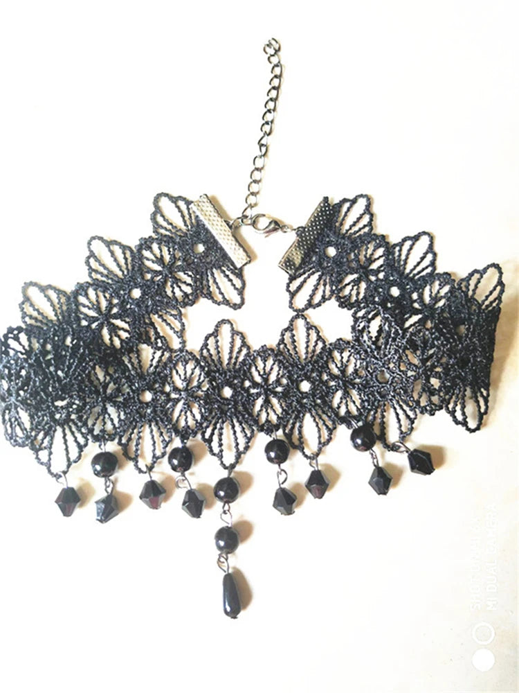 Sexy Lace Necklace Vintage Flowers Choker Pendant Female Jewelry Black Beading Bead Neck Ornament Hyperbole Neck Ornament