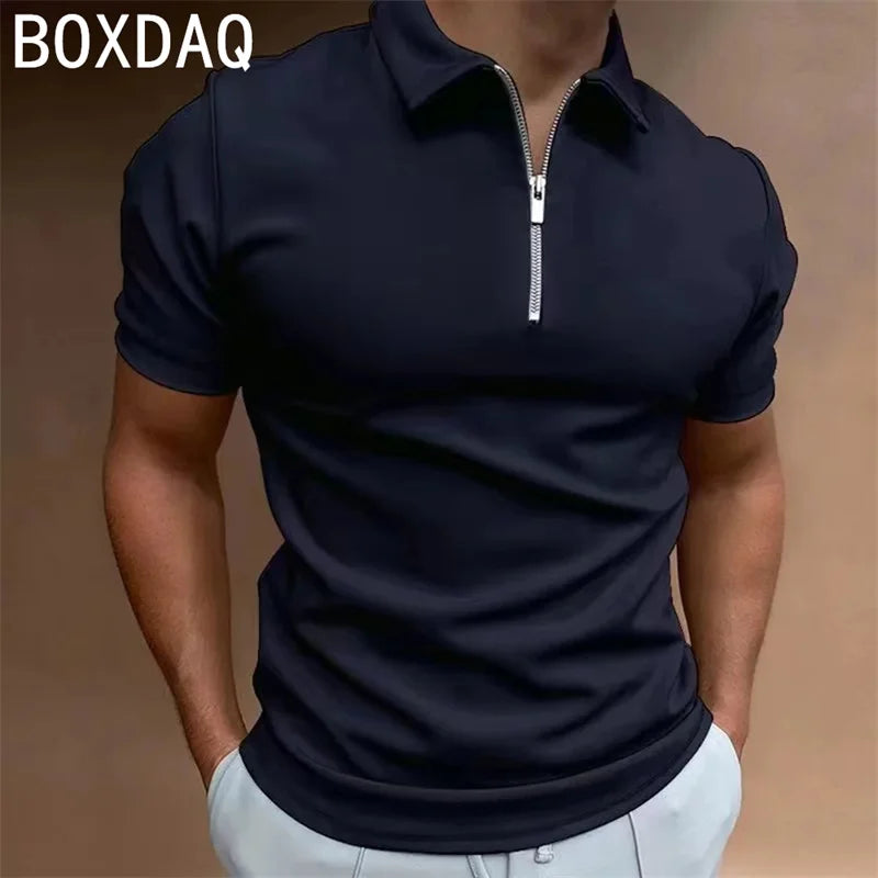 Men's Solid Color Polo shirt Fashion Casual Short Sleeve Lapel Zip Collar Sport Polos Men's Summer High Quality Harajuku Tops