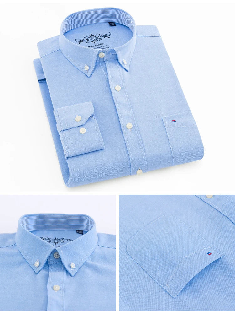 Men's Fashion Long Sleeve Oxford Work Shirt Single Patch Pocket Simple Design Embroidered Regular-fit Casual Button-down Shirts