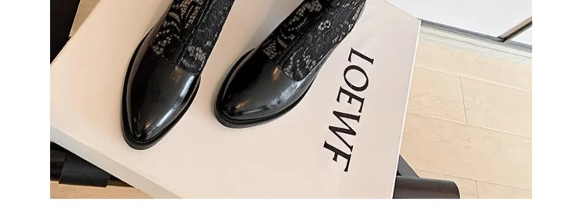 Woman Fashion Lace Flower Boots Thick Heel Pointed Toe Mid-calf Boots Female Footwear Summer Size 41 Breathable Botas De Mujer