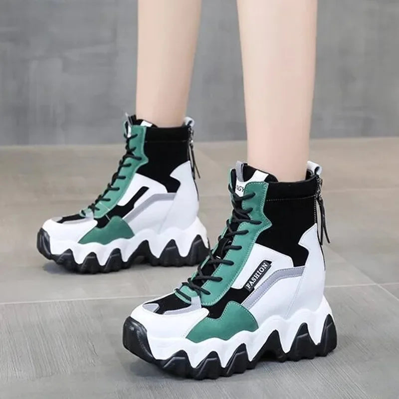 2024 Women Thick Sole Ankle Boots Autumn Luxury Platform Casual Boots Women's 8cm High Heels Wedge Boots Shoes Woman Sneakers