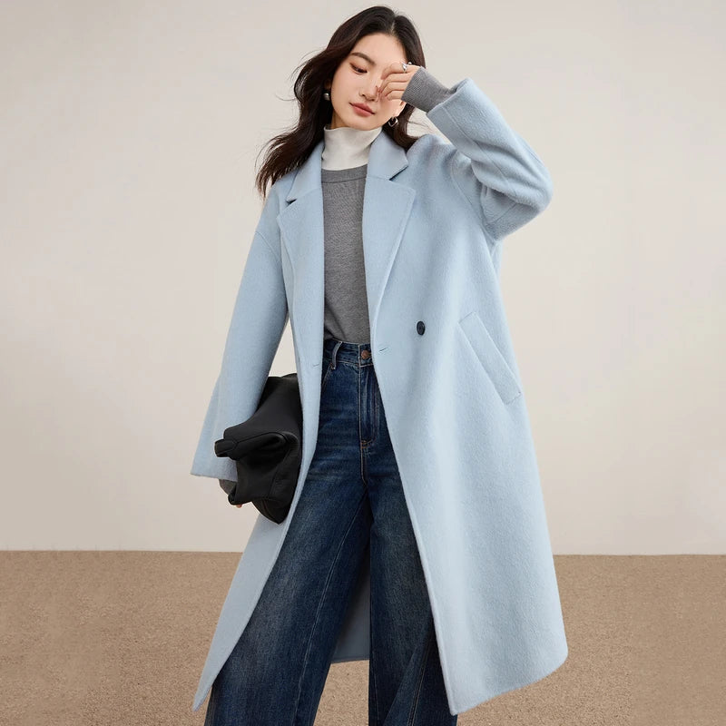SENTUBILA Women's 100% Wool Double-Faced Coat Winter 2025 Suit Lapel Collar Classic Commuter Style Long Overcoat W54OA8779