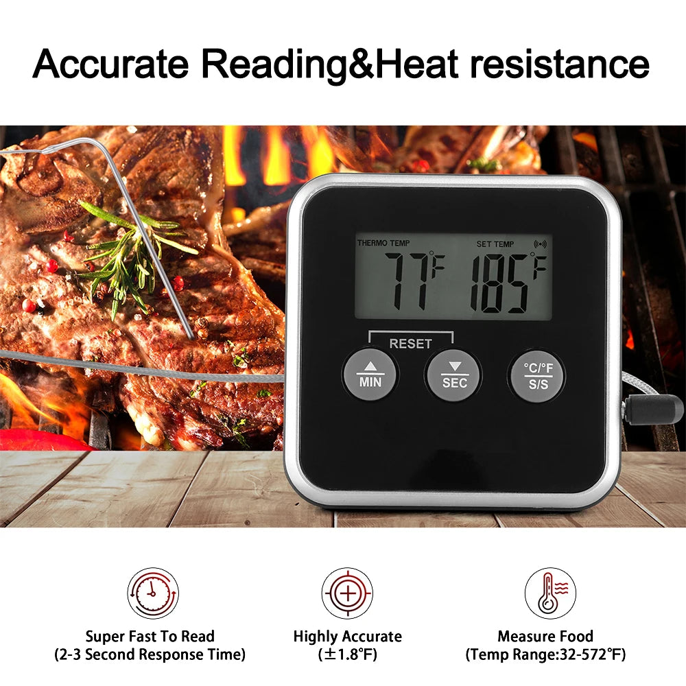 LED Digital Thermometer with Waterproof Probe BBQ Oven Temperature Inspection Instrument Timer High Temperature Alarm