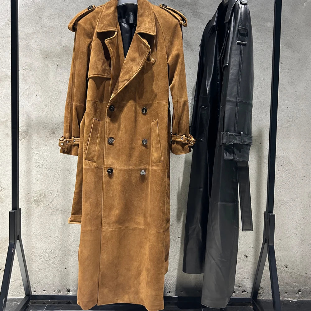 Suede Burgundy Long Coat Double Breasted Windbreak Length 150cm Women's Real Suede Coat