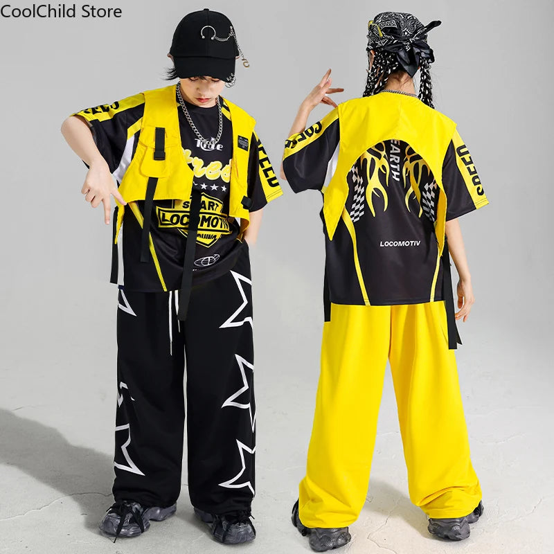 Boys Hip Hop Contrast T-shirt Yellow Vest Sweat Pants Girls Street Dance Jazz Costume Children Clothes Set Kids K-pop Streetwear