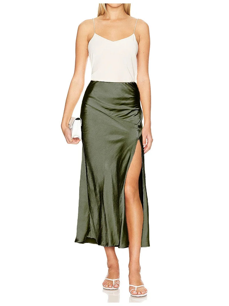 Summer Satin Skirts For Woman Office Maxi A Line Black Silk Skirts With Slit Lady High Waist Women Patchwork Skirt Long Elegant