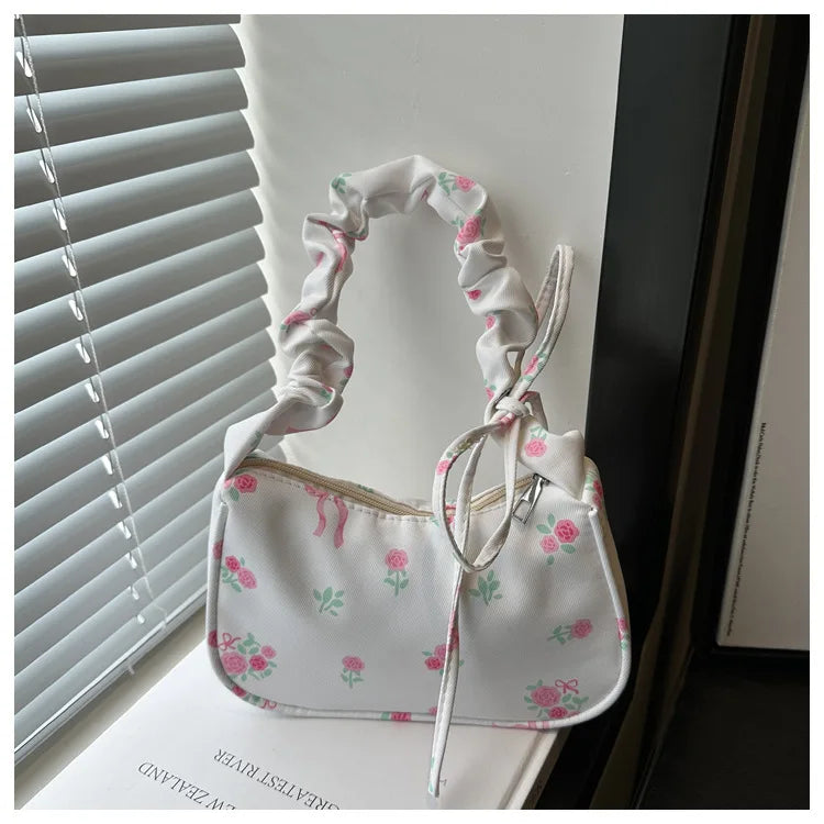 Women's Bags 2025 Summer Nylon Pleated Handbags Armpit Bag Korean Floral Bow Printed Zipper Tote Bag Female Small Shoulder Bags