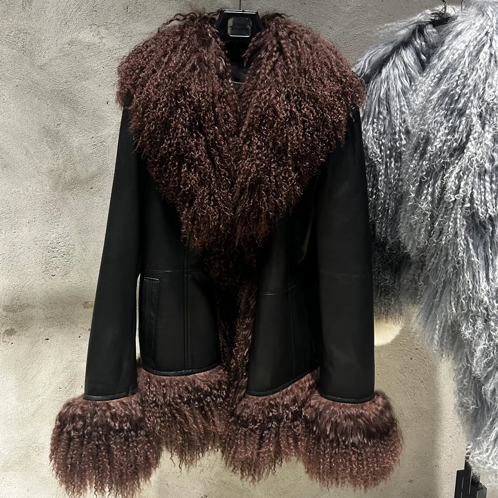 Black Suede Mongolian Sheep Fur Coat Women Fur Jacket with Long Sleeve New arrival Winter Real Fur Coat
