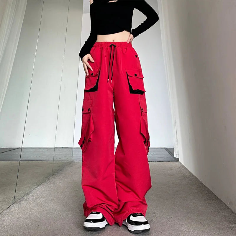 American High Street Workwear Casual Pants Women Loose Color Block Straight Leg Long Pants Pocket High Waist Wide Leg Trousers