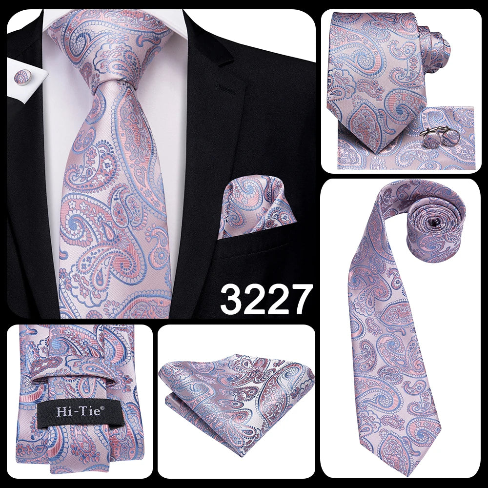 Hi-Tie Silk Men Tie Peach Pink Floral Wedding Necktie for Men Luxury Necktie Handkerchief Cufflink Fashion Design Business