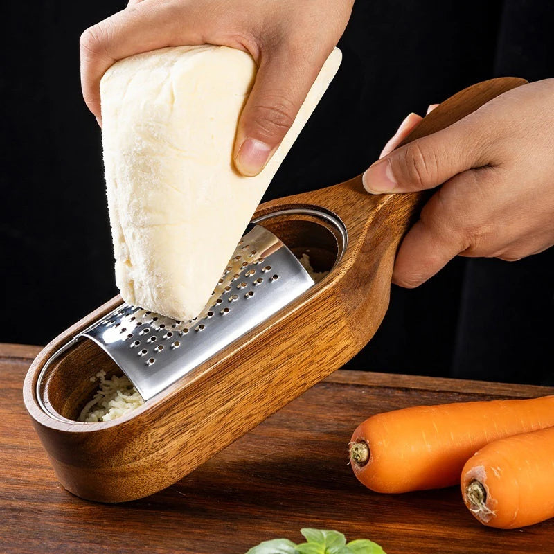 Handheld Stainless Steel Cheese Grater with Wood Handle Sharp Blades for Chocolate Fruits - Cheese Grating Tool with Storage Box