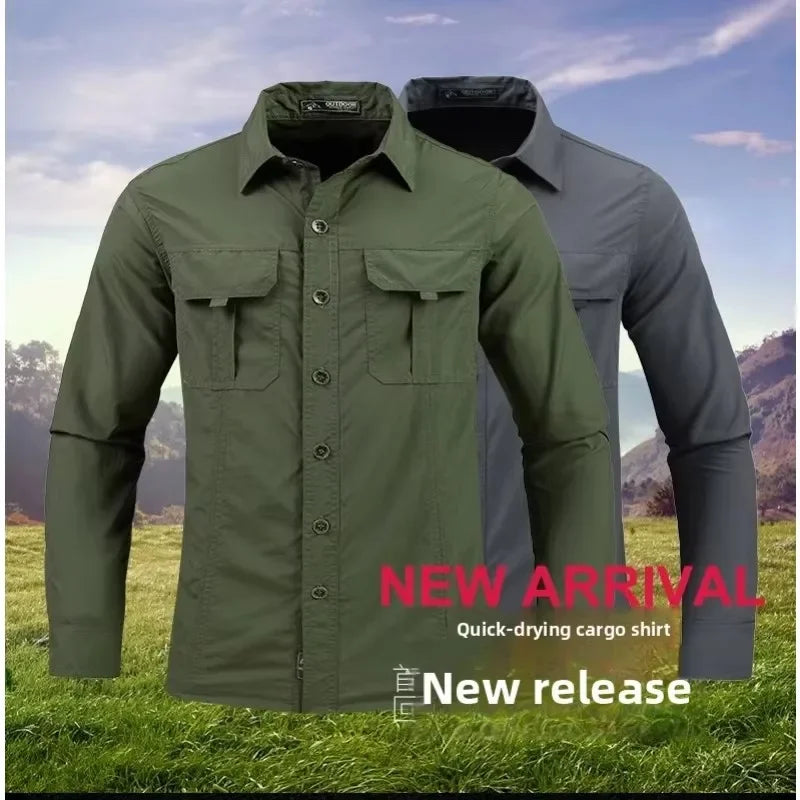 Men's Lightweight Quick-Drying Shirt Tactical Casual Military Long-Sleeved Cargo Shirt Breathable Sport Sunscreen Hiking Shirt