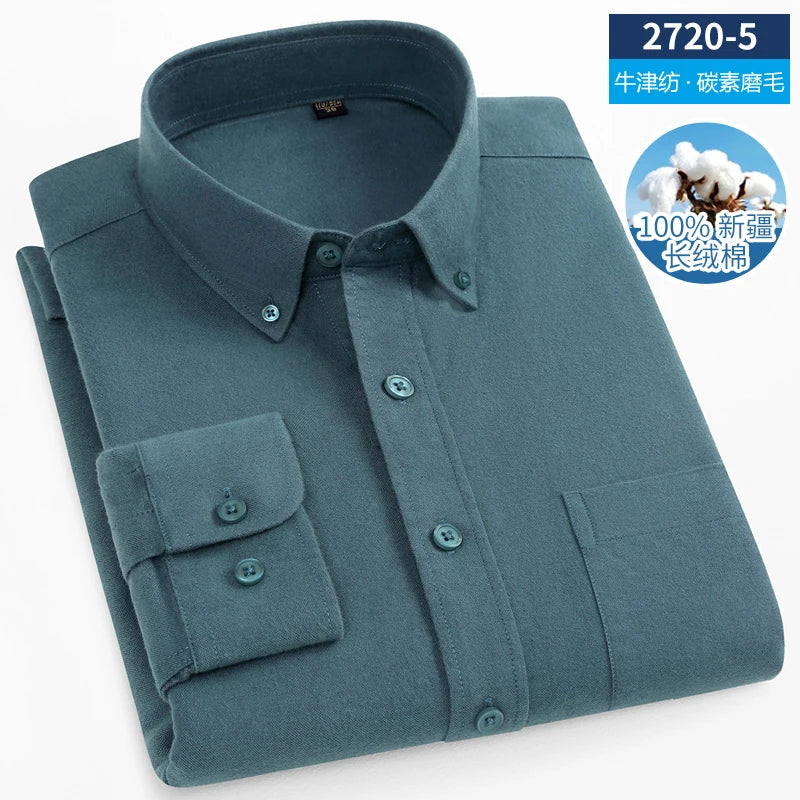 New Men Pure Cotton Flannel Soft Regular-fit Long Sleeve Brushed Shirt Single Pocket Comfortable Casual Solid Color Shirts S-5XL