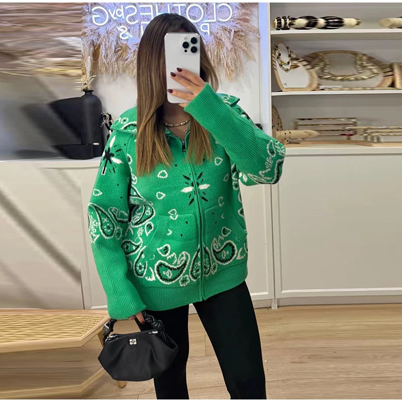 Jacquard Knitted Women's Cardigan Sweater Fashion Zipper Loose Pocket Casual Lady Sweaters 2026 Spring Street Long Sleeve Top