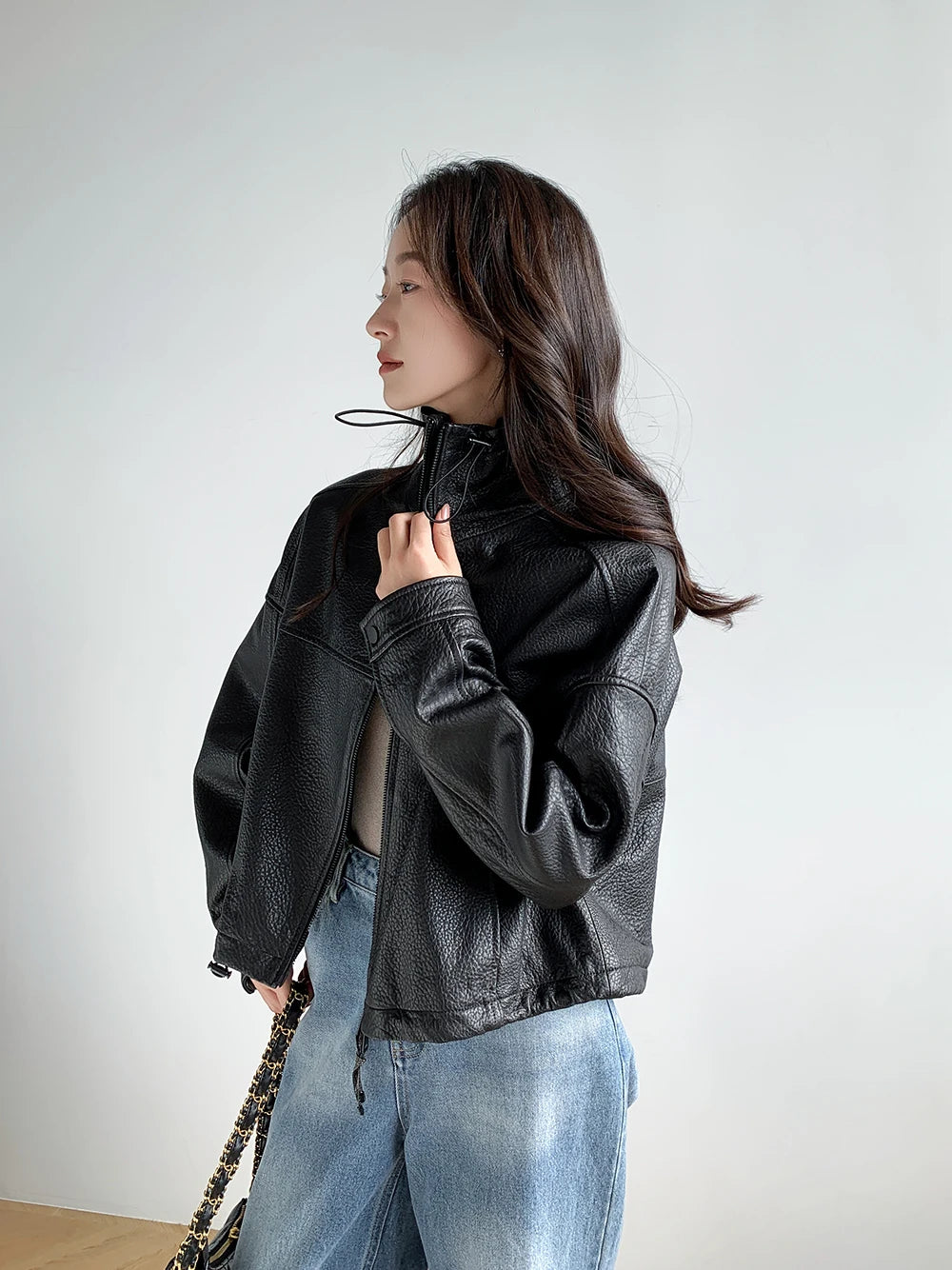 Vintage Genuine Leather Cropped Jackets for Women Spring Autumn 2025 New High-end Simple Stand Collar Bubble Real Sheepskin Coat