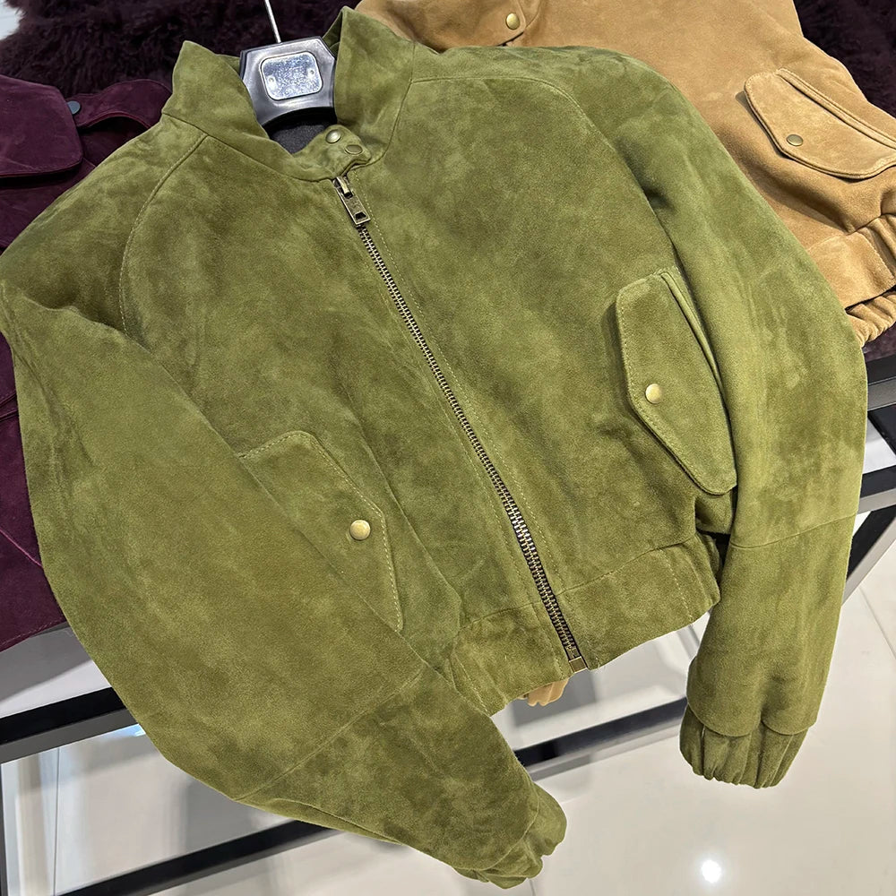 YOLOAgain Suede Leather Jacket Coat Women Real Leather Cropped Jacket Bomber Jacket 2025 Autumn