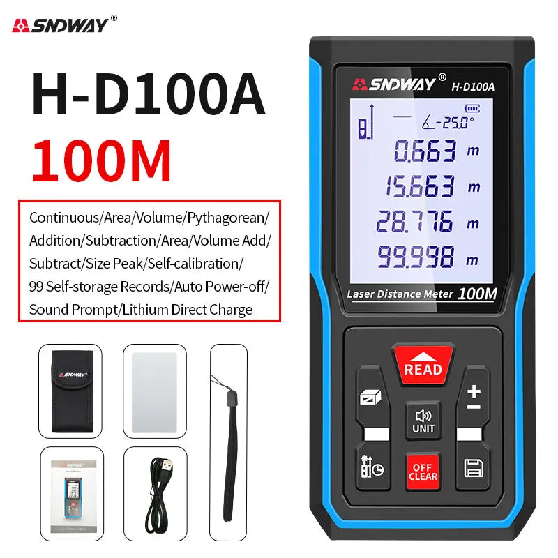 SNDWAY Laser Distance Meter 50m 70m 100m 120m Rangefinder Digital Range Finder Trena Roulette Ruler Distance Measuring Tape
