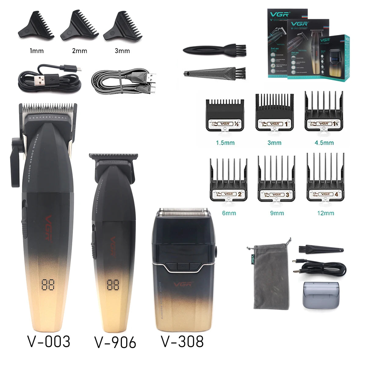 VGR V308 Beard Trimmer for Men Double Foil Full Metal LCD Display 9000RPM Electric Shaver Barber Professional Barber Machines