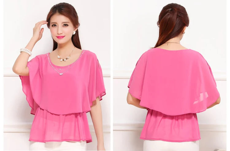 2025 Women Summer Tops Blouse Fashion Elegant Ruffle Batwing Sleeves Chiffon Shirt Loose Casual Clothing blusas mujer de moda