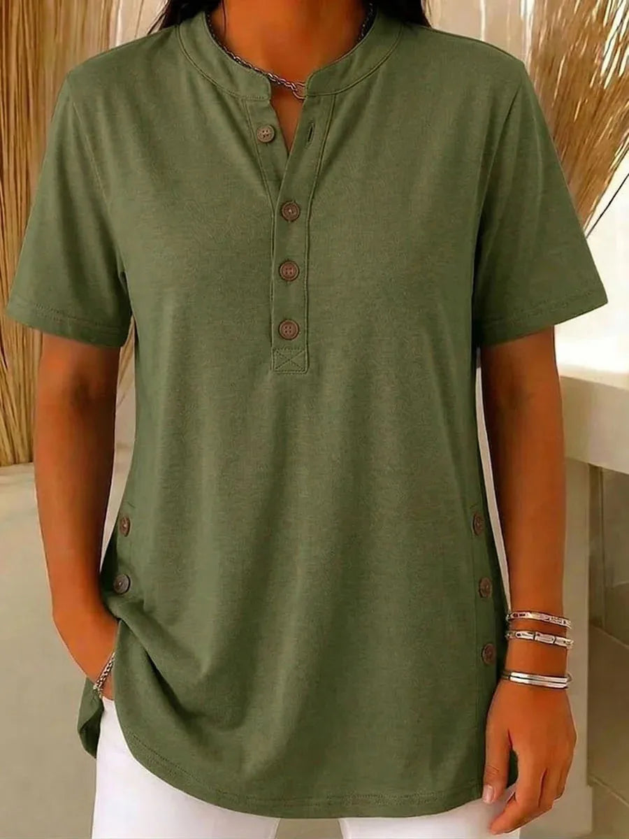 Summer Short Sleeve Loose Tops For Women Summer 2026 Fashion Solid Color V-neck Button T-shirts Tees Casual