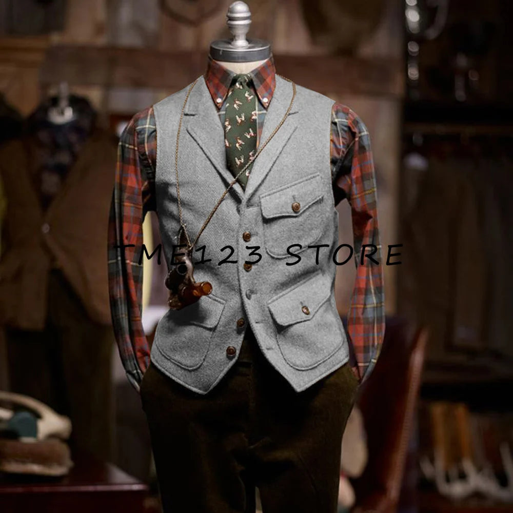 Woolen Vests for Men  V-neck Single-breasted Retro Fashion Suit Vest for Men Formal Male Clothes Cufflinks to Man Wang  Vests