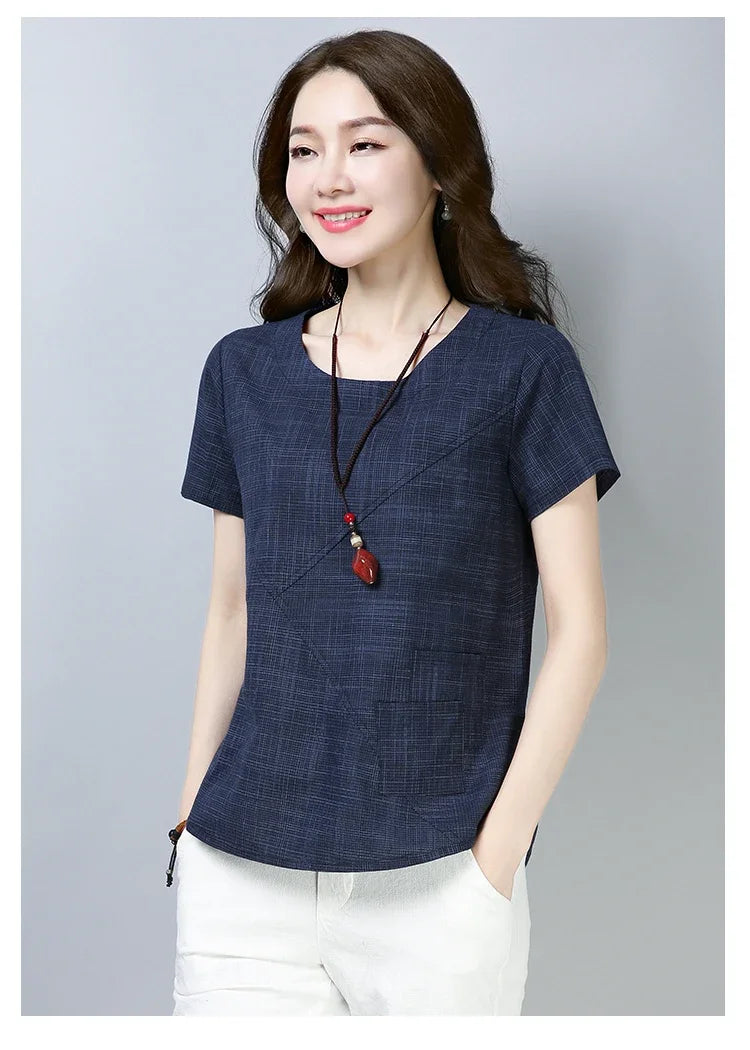 Women's Summer Blouses 2024 Vintage Linen Cotton Women Tops Blouses Short Sleeve Women Shirts Women Clothing Blusas 2127