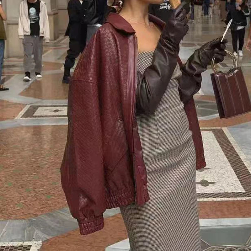 High-fashion Women Clothing 2025 New In Hand Knitting 100 % Leather Jacket Feminina Streetwear Burgundy Dropped Shoulder Coat