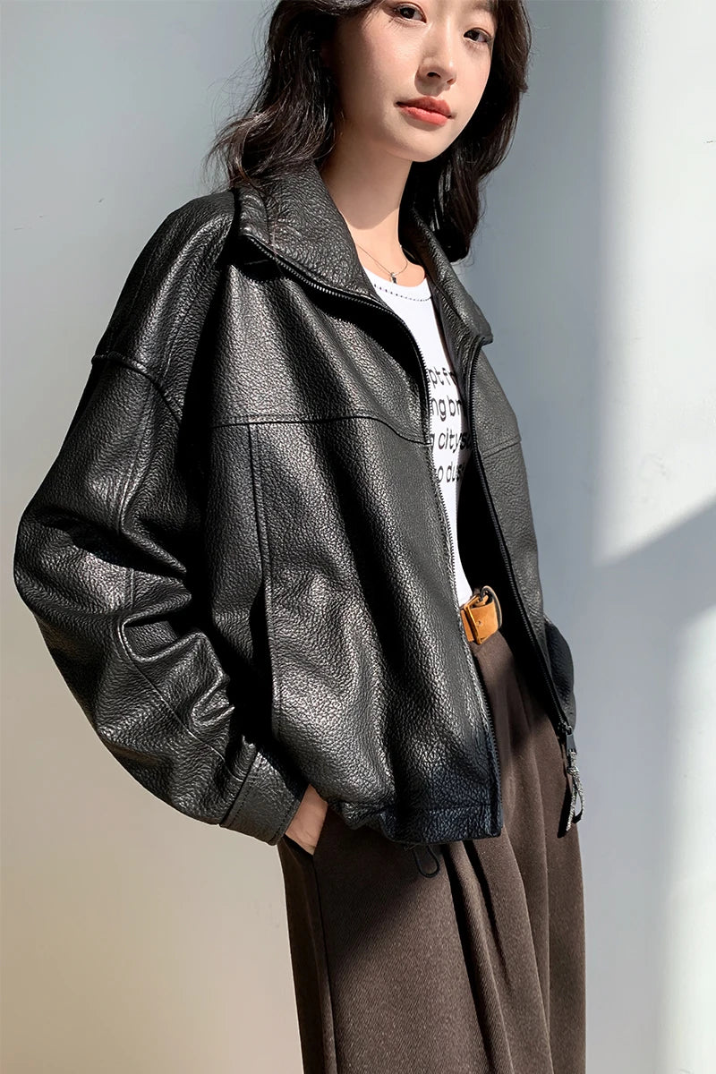 Vintage Genuine Leather Cropped Jackets for Women Spring Autumn 2025 New High-end Simple Stand Collar Bubble Real Sheepskin Coat