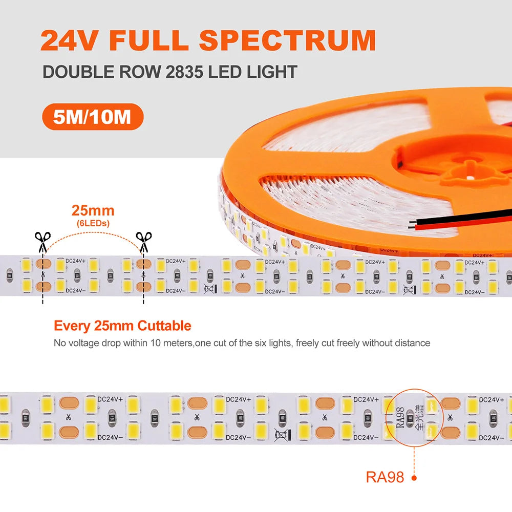 LED Strip Light RA98 5mm 8mm PCB 5m 10m 24V 2835 120 240 LEDs Flexible Adhesive Tape 2700K 3000K 3500K 4000K 5000K 6000K Decor