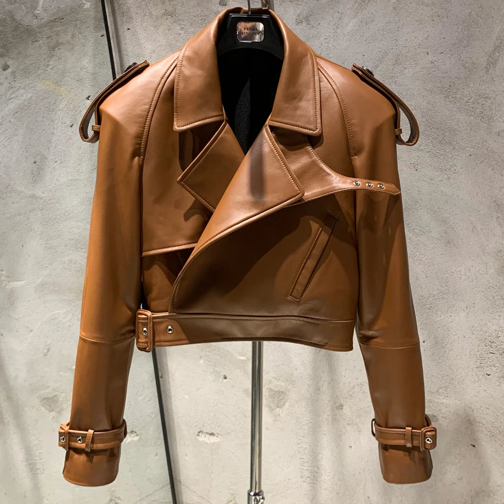 Embossed Leather Jacket Women Winter Genuine Sheep Leather Coat Wide Shoulder and Paddad 23012