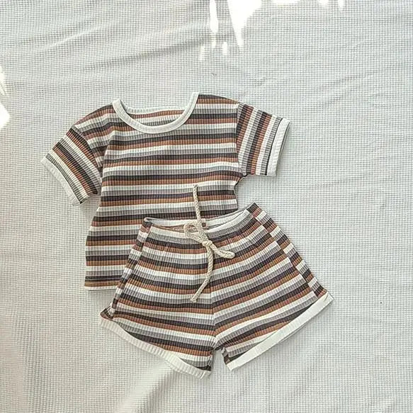 Comfortable Baby Clothes Set  Boys Simplicity Stripe Round Neck T-shirt +  Striped Shorts  breathable casual girl short sleeved