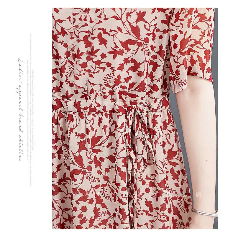 Women's Mulberry Silk Midi Dress V-Neck Three-Quarter Sleeve Red Floral Print Waist Tie Elegant Silk Summer Dress For Mature