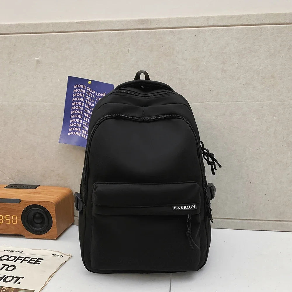 Large Capacity Solid Color Backpack, Simple Black Bag for Students & Travel