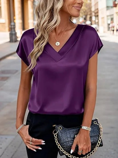 Women's Summer New T-shirt Casual V-Neck Short Sleeve Blouse Business Casual Tops Satins Silk Summer Shirt Work Solid Color Tops