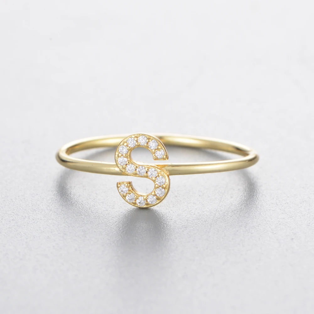 925 Sterling Jewelry A-Z 26 Letters Name Initial Rings Gold Plated Silver Fashion Simple S925 Ring Zircon Round Brilliant Cut