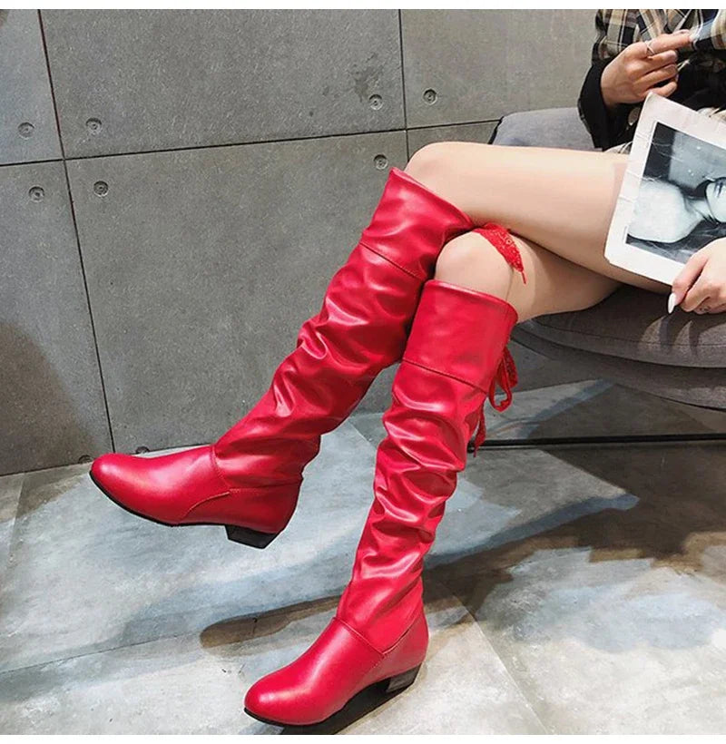 Shoes For Women  Knee High Boots Red Black White Tall Boots Woman Pleated Low Heel Casual Leather Female Long Shoes