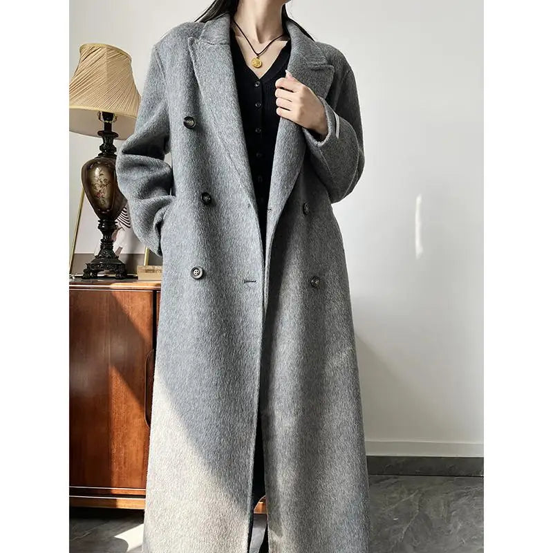 Office Lady Woolen Jackets 2024 Autumn And Winter Suit Collar Double Breasted Warmer Yak Hair Loose Long Women's Wool Coats