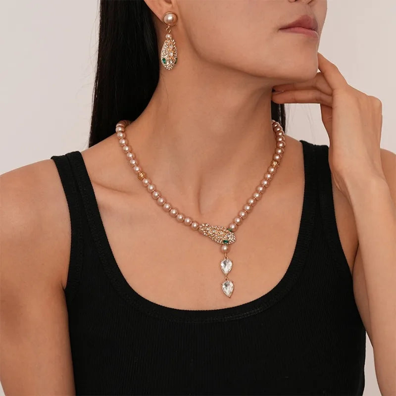 Snake Necklaces Drop Earrings Jewelry Set Luxury Rhinestone Imitation Pearl Beaded Chain Necklace for Party Wedding Bridal Gifts