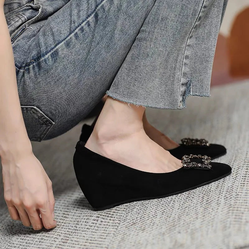 Slope Heel Fashion Shoes Women Spring New Water Diamond Pointed Shallow Mouth Soft Sexy High Heels Women Black Retro Footwear 43