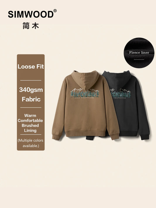 SIMWOOD 2026 Spring New Oversize Back Moutain Print Hoodies Men 340gsm Warm Brushed Lining Fabric Sweatshirts