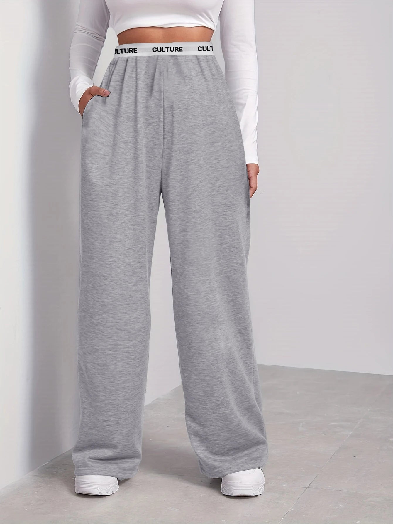 Women's Fashion Pants High Waist Webbing Loose Women's Wide Leg Pants Solid Colour Casual Female Pants Autumn Daily Wear