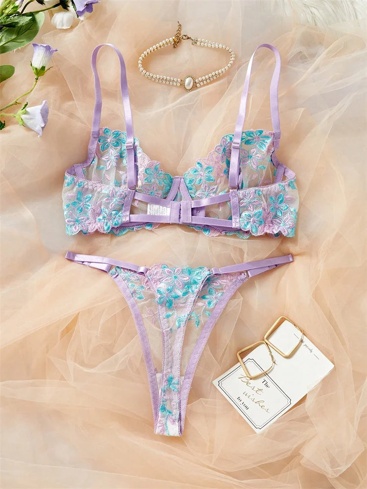 Woman Lingerie Set Floral Embroidery Erotic Underwear Translucent Beautiful Mesh Bra Kit Daring Lingerie Romantic Sexy Lingerie