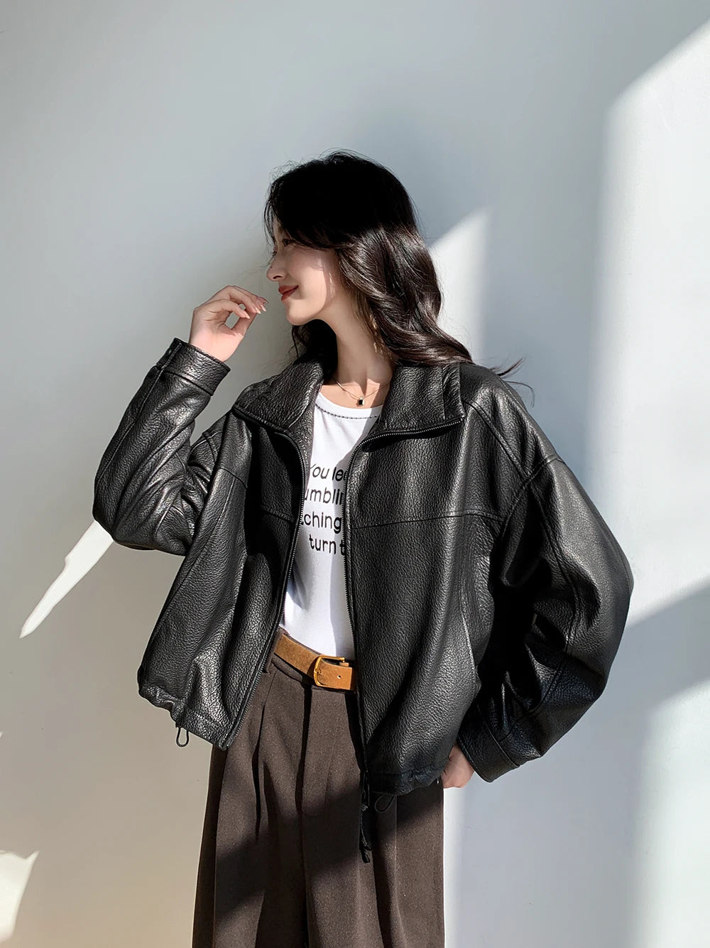 Vintage Genuine Leather Cropped Jackets for Women Spring Autumn 2025 New High-end Simple Stand Collar Bubble Real Sheepskin Coat