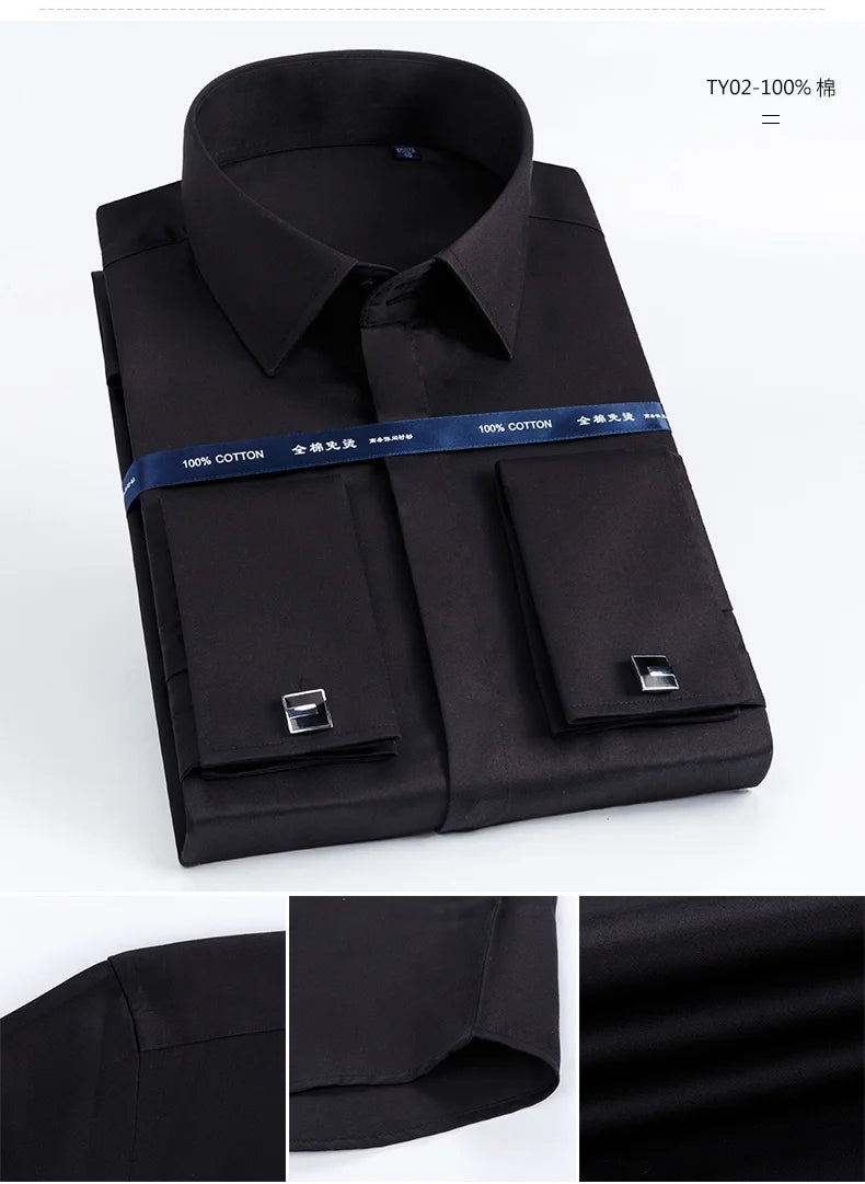 Men's French cufflinks shirt made of pure cotton long sleeved slim fit concealed button, solid color high end wedding dre