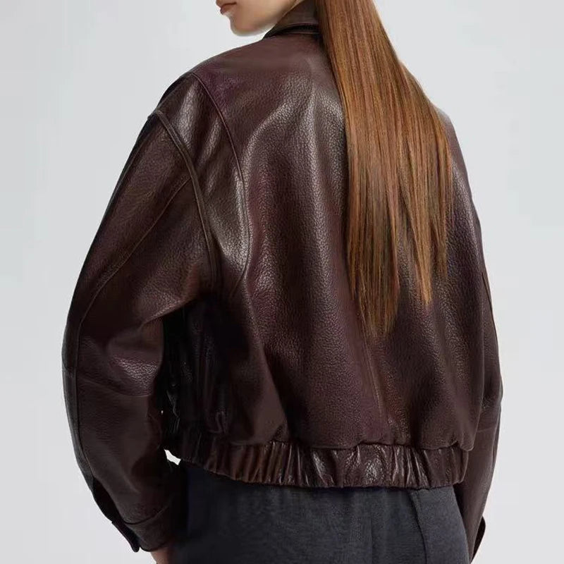 Retro Leather Bomber Jackets for Women Genuine Foam Leather Bubble Texture Short Coat Female Square-Cut Lapel Slim Fit Chaquetas