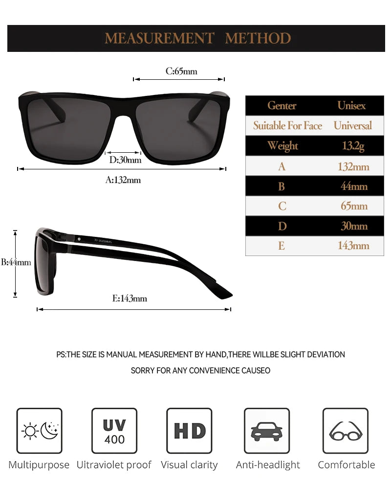 Classic Square Polarized Sunglasses Men Women Retro Black Sun Glasses Male Female Fashion Summer Anti Glare Driving Shades UV400