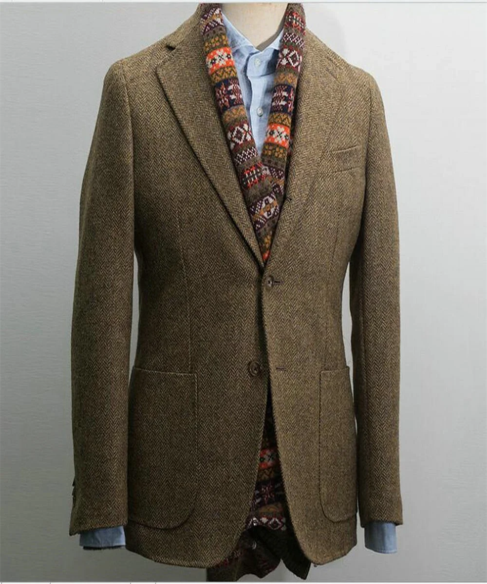 Men's Suit Brown Blazer Prom Tuxedos Herringbone Wool Tweed Single Breasted Formal Bussiness Jacket for Wedding（Only Coat）